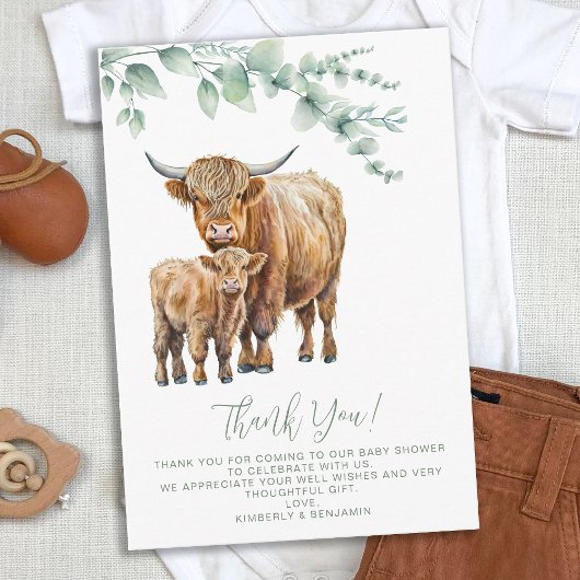 Highland Cow Boho Sage Greenery Baby Shower Dankeskarte