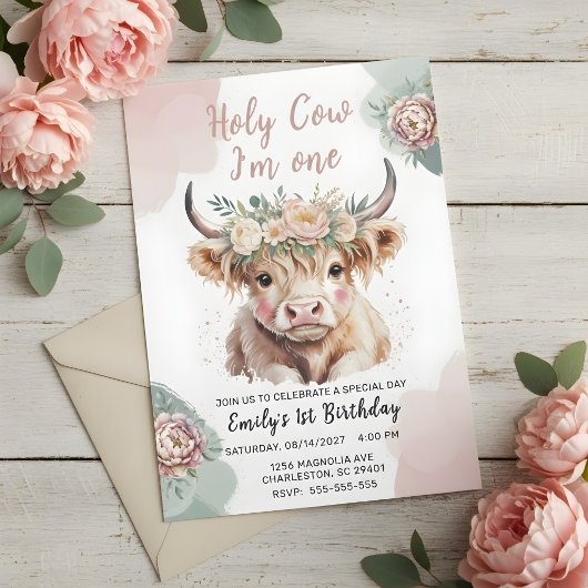 Highland Cow Boho Watercolor First Birthday Einladung