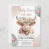 Highland Cow Boho Watercolor First Birthday Einladung (Vorderseite)