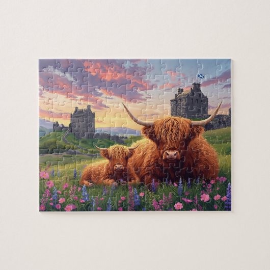 Highland Cow Calf Scottish Castle Sunset Puzzle (Horizontal)