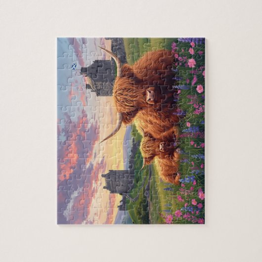 Highland Cow Calf Scottish Castle Sunset Puzzle (Vertikal)