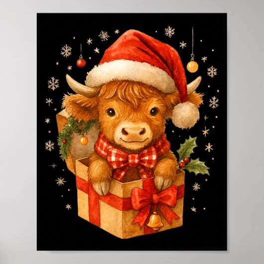 Highland Cow Christmas In Box Watercolor Santa Hat Poster (Vorne)