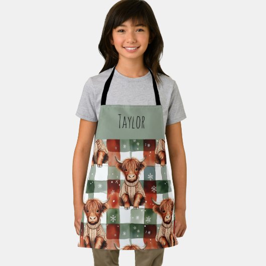 Highland Cow Christmas Snowy Personalized Kids Schürze (Insitu)