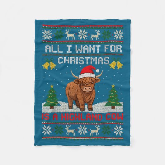 Highland Cow Christmas Ugly Sweater Style Festive Fleecedecke (Vorderseite)