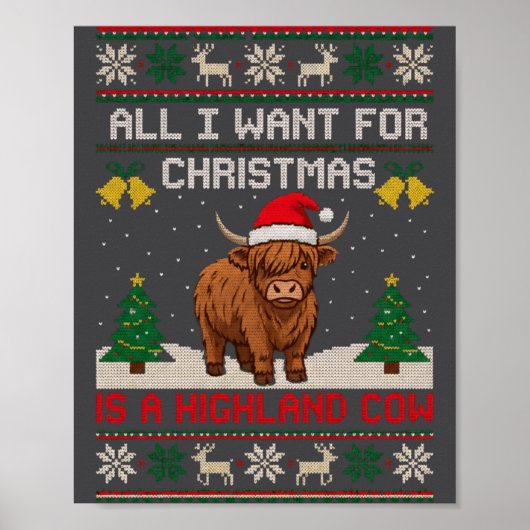 Highland Cow Christmas Ugly Sweater Style Festive  Poster (Vorne)