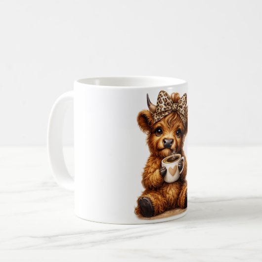 Highland Cow Coffee Wrap: Leopard Bow — Personaliz Kaffeetasse (Vorderseite Links)