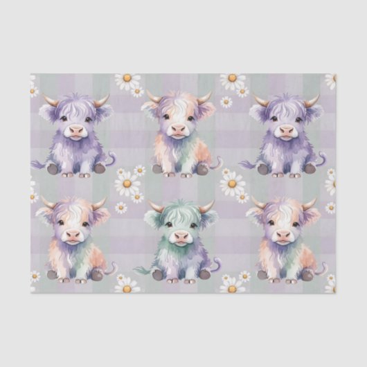 Highland Cow Easter Daisy Flowers Pastel Seidenpapier (Vorderseite)