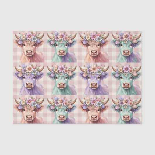 Highland Cow Easter Flowers in Pastel Seidenpapier (Vorderseite)