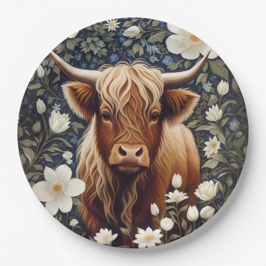 Highland Cow Elegant White Floral Pappteller (Vorderseite)