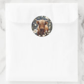 Highland Cow Elegant White Floral Runder Aufkleber (Tasche)