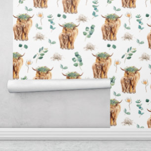 Highland-Cow-Eukalyptus-Babyzimmer-Kinderzimmer Tapete