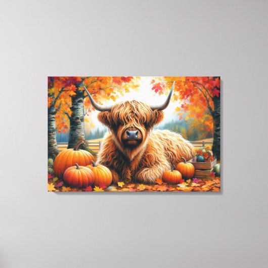 Highland Cow Fall Pumpkins Wasserfarbe Leinwanddruck (Vorderseite)