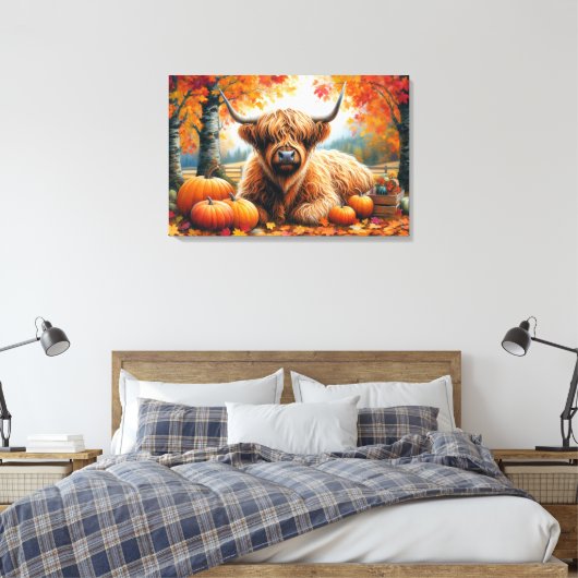 Highland Cow Fall Pumpkins Wasserfarbe Leinwanddruck (Insitu (Schlafzimmer))