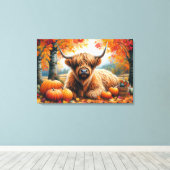 Highland Cow Fall Pumpkins Wasserfarbe Leinwanddruck (Insitu (Holzboden))