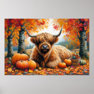 Highland Cow Fall Pumpkins Wasserfarbe Poster