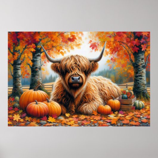 Highland Cow Fall Pumpkins Wasserfarbe Poster (Vorne)