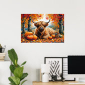 Highland Cow Fall Pumpkins Wasserfarbe Poster (Heimbüro)