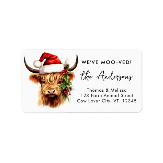 Highland Cow Festive Santa Holiday Rücksendeadress Adressaufkleber (Vorne)
