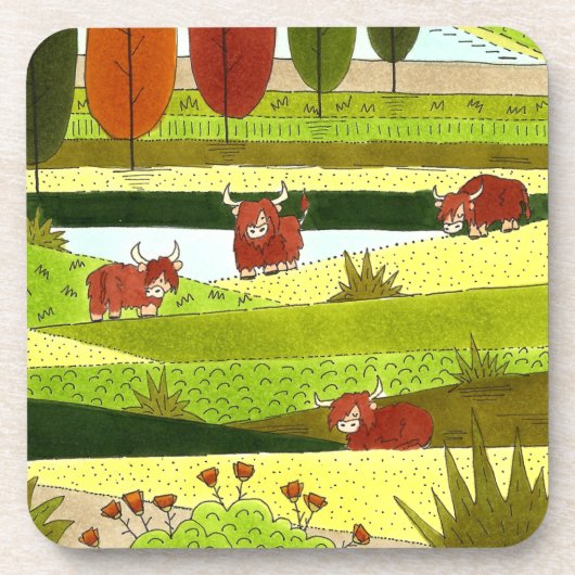 Highland Cow Fields Art Getränkeuntersetzer (Vorderseite)