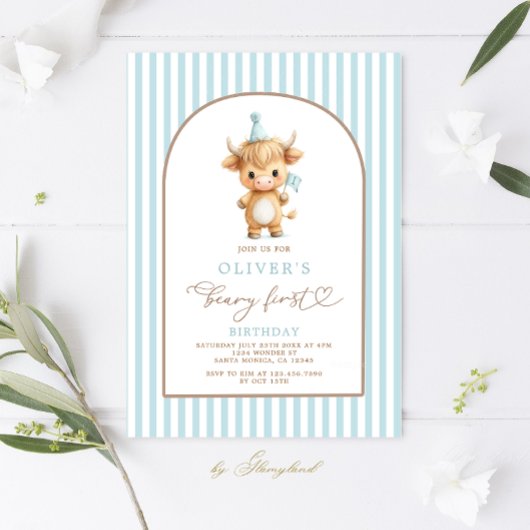 Highland Cow First Birthday Boy Invitation Einladung