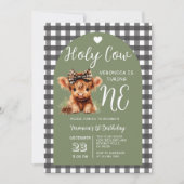 Highland Cow First Birthday Girl Gingham Party Einladung (Vorderseite)