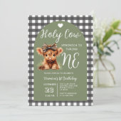 Highland Cow First Birthday Girl Gingham Party Einladung (Stehend Vorderseite)