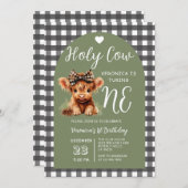Highland Cow First Birthday Girl Gingham Party Einladung (Vorne/Hinten)