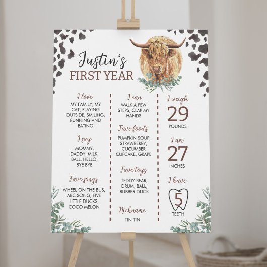 Highland Cow First Birthday Meilenstein-Zeichen Poster