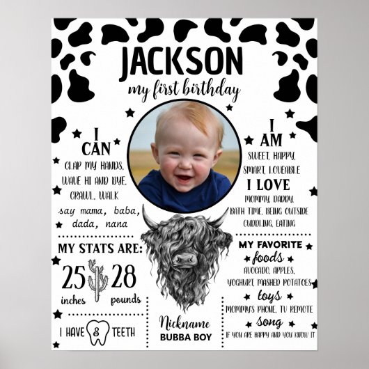 Highland Cow First Birthday Milestone sign 1066 Poster (Vorne)
