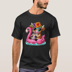 Highland Cow Flamingo Pool Float Summer Hawaii Bea T-Shirt