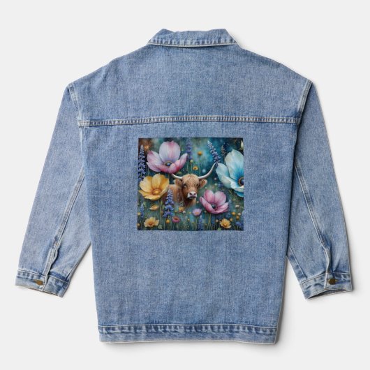 Highland Cow Floral Colorful Cosmos Jeansjacke (Rückseite)