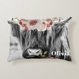 Highland Cow Floral Western Cowgirl Kinder Name Dekokissen