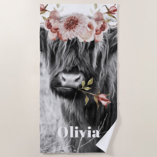 Highland Cow Floral   Western Cowgirl Kinder Name Strandtuch