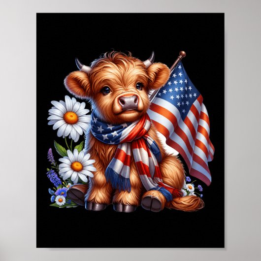 Highland Cow Florals 4. Juli USA Flaggenpatrioti Poster (Vorne)