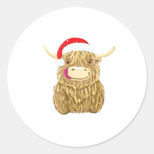 Highland Cow Frohe Weihnachtsschnee T - Shirt Esse Runder Aufkleber (Vorderseite)