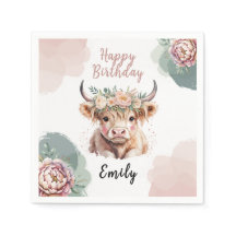 Highland-Cow-Geburtstagsservietten Mädchen Boho-Fa