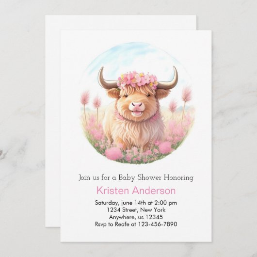 Highland Cow Girl Baby Dusche Einladung (Vorne/Hinten)