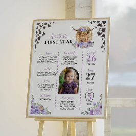Highland Cow Girl First Birthday Milestone Zeichen Poster
