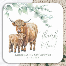 Highland Cow Greenery Baby Shower Vielen Dank Quadratischer Aufkleber