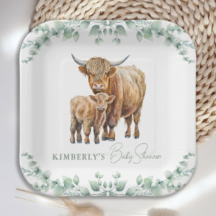 Highland Cow Greenery Boho Farm Animal Baby Shower Pappteller