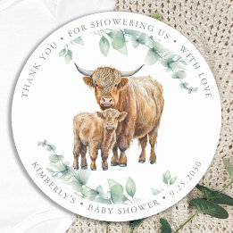 Highland Cow Greenery Boho Farm Animal Baby Shower Runder Aufkleber