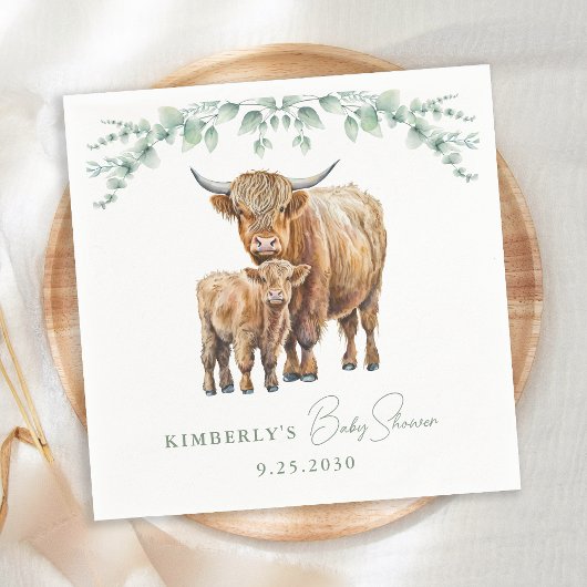 Highland Cow Greenery Boho Farm Animal Baby Shower Serviette