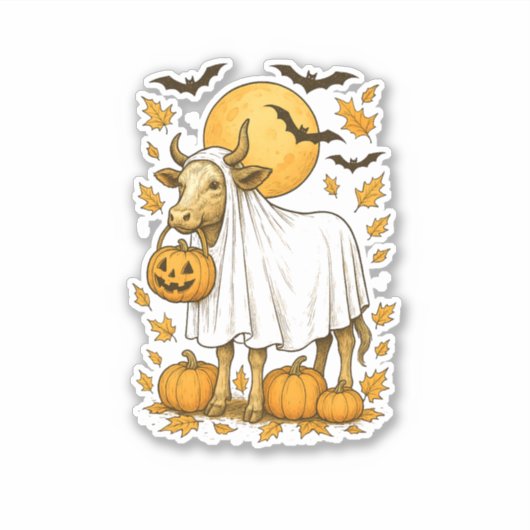 Highland Cow Halloween in Ghost-Kostüm Aufkleber (Vorderseite)