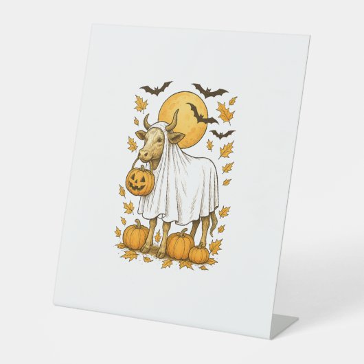 Highland Cow Halloween in Ghost-Kostüm Sockelschild (Vorderseite)