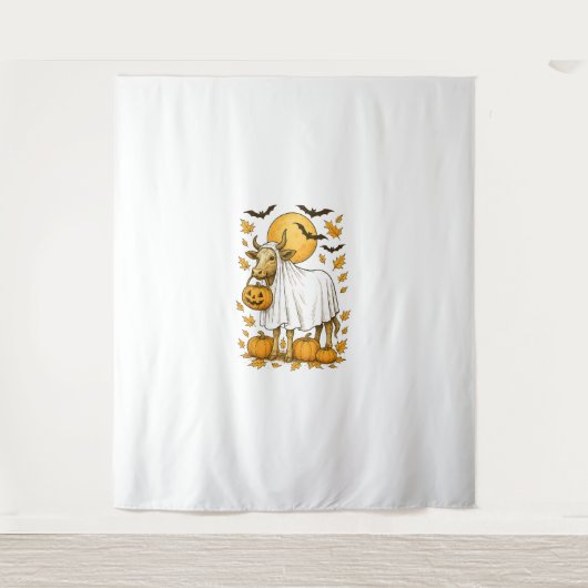 Highland Cow Halloween in Ghost-Kostüm Wandteppich (Vorderseite)