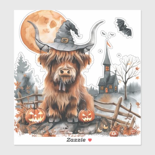 Highland Cow Halloween Watercolor Aufkleber (Blatt)