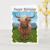 Highland Cow Happy Birthday Karte (Gelbe Blume)
