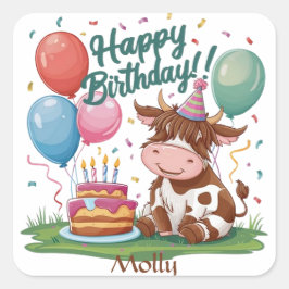 Highland Cow Happy Birthday Quadratischer Aufkleber