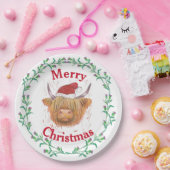 Highland Cow Hat Thistle Wreath Frohe Weihnachten Pappteller (Party)