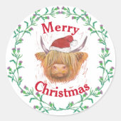 Highland Cow Hat Thistle Wreath Frohe Weihnachten Runder Aufkleber (Vorderseite)